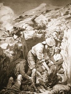 Los soldados Druall y Smith retiran a los heridos de una savia desprotegida y expuesta a fuego intenso (litografía). de Margaret Dovaston