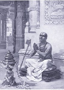 Ramanuja contemplando su filosofía del Dios único y personal 1100 d.C. (litografía) de Margaret Dovaston