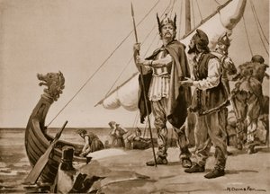 Rurik parte hacia la tierra de los eslavos, 862 (litografía) de Margaret Dovaston