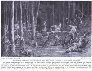 El sargento Spence ganó una DCM por liderar su pelotón lidera una carga de bayoneta en bosques cerca de Wasmes en agosto de 2014 (litho) de Margaret Dovaston