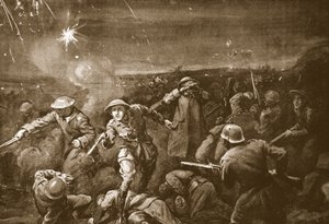 Capitán temporal A.C.T. White dirigiendo un contraataque y expulsando al enemigo de un reducto (litografía) de Margaret Dovaston