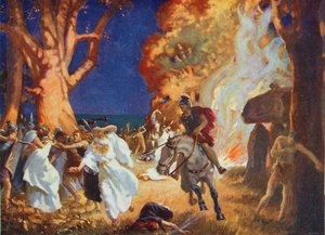 La masacre de los druidas en Anglesey por los romanos en el año 60 d.C., ilustración de "Hutchinson