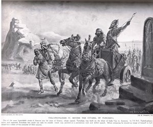 Tiglat-Pileser IV ante la ciudadela de Turushpa, ilustración de la "Historia de las Naciones de Hutchinson" (litografía). de Margaret Dovaston