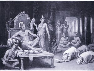 Vikramanka Chalukhya envía un mensaje amistoso a Kulottunga Chola (litografía) de Margaret Dovaston