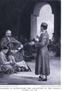 Vologeses III supervisa la recopilación del Avesta pahlavi 160 d.C. (litografía) de Margaret Dovaston