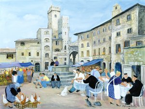Lunchtime in a Market Square, Tuscany (óleo sobre lienzo) de Margaret Loxton
