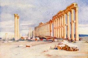 Columnata, Palmira, con el castillo turco a lo lejos (litografía en color) de Margaret Thomas