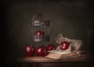 Manzanas rústicas y un libro de Margareth Perfoncio