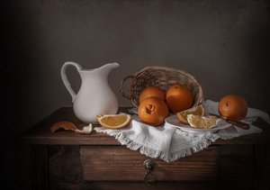 Naturaleza muerta rústica en tonos naranjas de Margareth Perfoncio