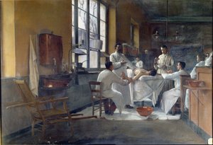 El profesor Edmond Delorme (1847-1929) haciendo una demostración de decorticación pulmonar a los estudiantes de Val de Grace en 1894 de Marguerite Anne Rose Delorme
