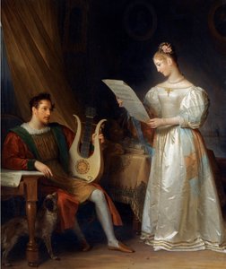 Un hombre con una lira y una mujer con una partitura en un interior de Marguerite Gerard