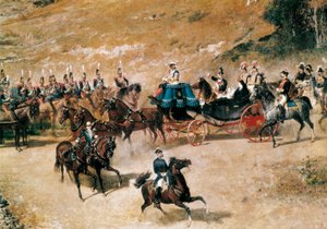 La reina María Cristina y su hija Isabel II revisando las baterías de artillería que defienden Madrid en 1837, (detalle), c. 1866
