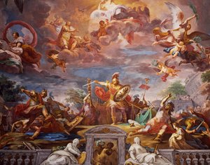 Marco Furio Camilo rompiendo el tratado con los galos, Vestíbulo de Entrada, Galería Borghese (fresco) de Mariano Rossi