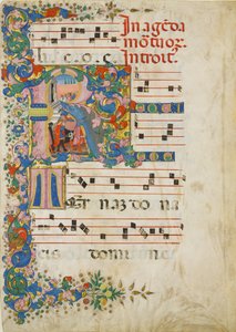 Hoja de manuscrito con una procesión fúnebre en una inicial R, de un gradual, segunda mitad del siglo XV de Mariano del Buono