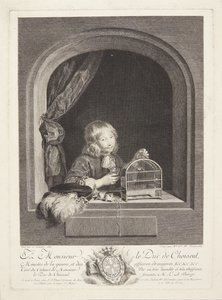 Un niño con una jaula de pájaros en una ventana de Marie Louise Adélaïde Boizot