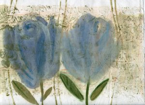 Tulipanes azules 2, 2020 (óleo y técnica mixta sobre papel A4) de Marina Falco