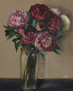 Peonías rojo oscuro en jarrón de cristal - Pintura floral al óleo de atmósfera melancólica