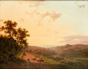 Pastores y su ganado en un camino rural, con paisaje distante de Marinus Adrianus Koekkoek