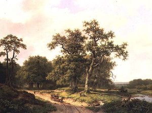 Paisaje boscoso con campesinos