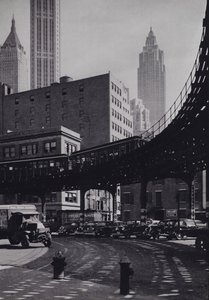 Manhattan: Coenties Slip, ferrocarril elevado (foto en b/n)