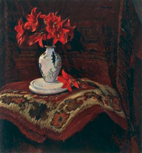 Alfombra y jarrón con lirios rojos, de Mario Puccini (1869-1920), óleo sobre lienzo, 64x59 cm. de Mario Puccini