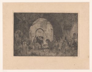 Jinetes orientales y gente en una puerta de Marius Bauer (signed by artist)