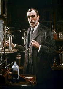 Sir William Ramsay en su laboratorio de Mark Richard Milbanke