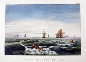 Una balsa frente a la costa de Coromandel, India, 1828
