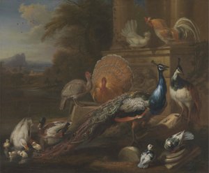 Pavos reales, palomas, pavos, gallinas y patos junto a una ruina clásica