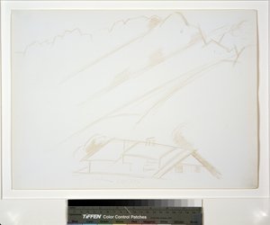 Paisaje montañoso, edificio en primer plano