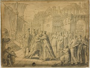 Dido y Eneas Abrazándose ante las Puertas de Cartago