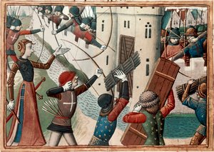 Juana de Arco en el sitio de Orleans, miniatura de las Vigiles de Carlos VII de Martial de Paris (fl.15th century)