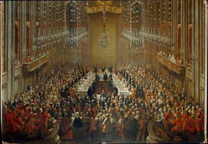 Banquete con motivo de la boda del Emperador José II e Isabel de Parma el 06/10/1760. Con Mozart de pie en la orquesta de Martin (and studio) Mytens or Meytens