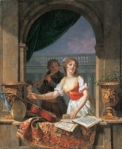 Una joven alcanzando una guitarra en una ventana de piedra y un niño tocando la flauta más allá, 1796-97 de Martin Drölling