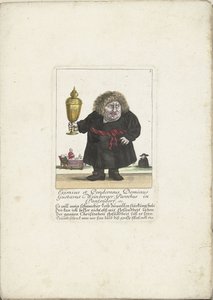 El enano Gustavus Weinberger como clérigo con una copa, hacia 1710 Parroquia de Eximius et Ponderosus Dominus Gustavus Weinberger en Panzendorf, etc. (título sobre el objeto) Il Callotto resurcitato oder Neu eingerichts Zwerchen Cabinet (título de la serie de Martin Engelbrecht (attributed to)