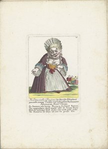 De dwerg Mademoiselle Poupon, como Parijse Schone, hacia 1710 Mademoiselle Poupone, la belleza parisina, hija del conocido Abogado del Parlamento Monsr. Chican (título sobre objeto) Il Callotto resurcitato o cabaña Zwerchen recién amueblada de Martin Engelbrecht (attributed to)