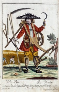 Un campesino. Grabado por Martin Engelbrecht (1684-1756), en "Nueva asamblea de las manouvries habilles" siglo XVIII, Alemania. París, Artes Decorativas