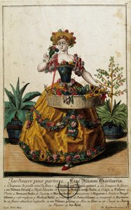 Antiguo oficio: Un jardín para el suelo. Grabado de Martin Engelbrecht (1684-1756), en “Nueva asamblea de las manovrias vestidas” siglo XVIII, Alemania. París, Artes Decorativas de Martin Engelbrecht