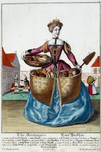Oficio: Un panadero. Grabado por Martin Engelbrecht (1684-1756), en "Nueva asamblea de los manouvriers habillés" siglo XVIII, Alemania. París, Artes Decorativas de Martin Engelbrecht