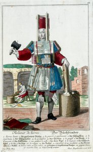 Oficio: Un encuadernador. Grabado por Martin Engelbrecht (1684-1756), en "Nueva asamblea de los manouvriers habillés" siglo XVIII, Alemania. París, Artes Decorativas de Martin Engelbrecht