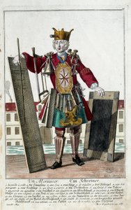 Oficio: Un carpintero. Grabado por Martin Engelbrecht (1684-1756), en "Nueva asamblea de los manouvriers habillés" siglo XVIII, Alemania. París, Artes Decorativas de Martin Engelbrecht