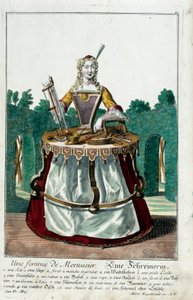 Oficio: La esposa de un carpintero. Grabado por Martin Engelbrecht (1684-1756), en “Nueva asamblea de los manouvriers habillés” siglo XVIII, Alemania. París, Artes Decorativas de Martin Engelbrecht