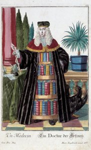 Oficio: Un doctor. Grabado de Martin Engelbrecht (1684-1756), en “Nueva asamblea de las manouvries habilles” siglo XVIII, Alemania. París, Artes Decorativas de Martin Engelbrecht