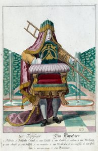 Oficio: un tapicero. Grabado de Martin Engelbrecht (1684-1756), en "Nueva asamblea de las maniobras vestidas" siglo XVIII, Alemania. París, Artes Decorativas de Martin Engelbrecht