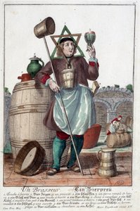 Representación de un cervecero con una fuente, un vaso, una jarra, un cubo, un barril, un mazo, un cuenco, un broc, una caldera (grabado por Martin Engelbrecht)