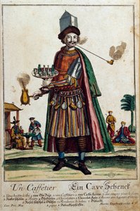 El cafetera: un hombre con una cafetera y un servicio. Grabado por Martin Engelbrecht, siglo XVIII, París, Artes Decorativas