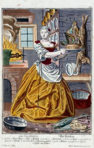 El cocinero. Grabado por Martin Engelbrecht (1684-1756), en "Nueva asamblea de los manouvriers habillés" siglo XVIII, Alemania. París, Artes Decorativas