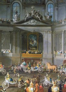 Cabalgata en la Escuela de Invierno de Viena celebrando la derrota del ejército francés en Praga mostrando el retrato ecuestre del emperador Carlos VI, 1743 (detalle)