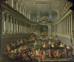 Una cabalgata en la Escuela de Equitación de Invierno de la Hof de Viena para celebrar la derrota del ejército francés en Praga, 1743
