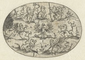 Óvalo con águila rodeada de leones y criaturas fantásticas Nev Thier Bvechlein (título de la serie)